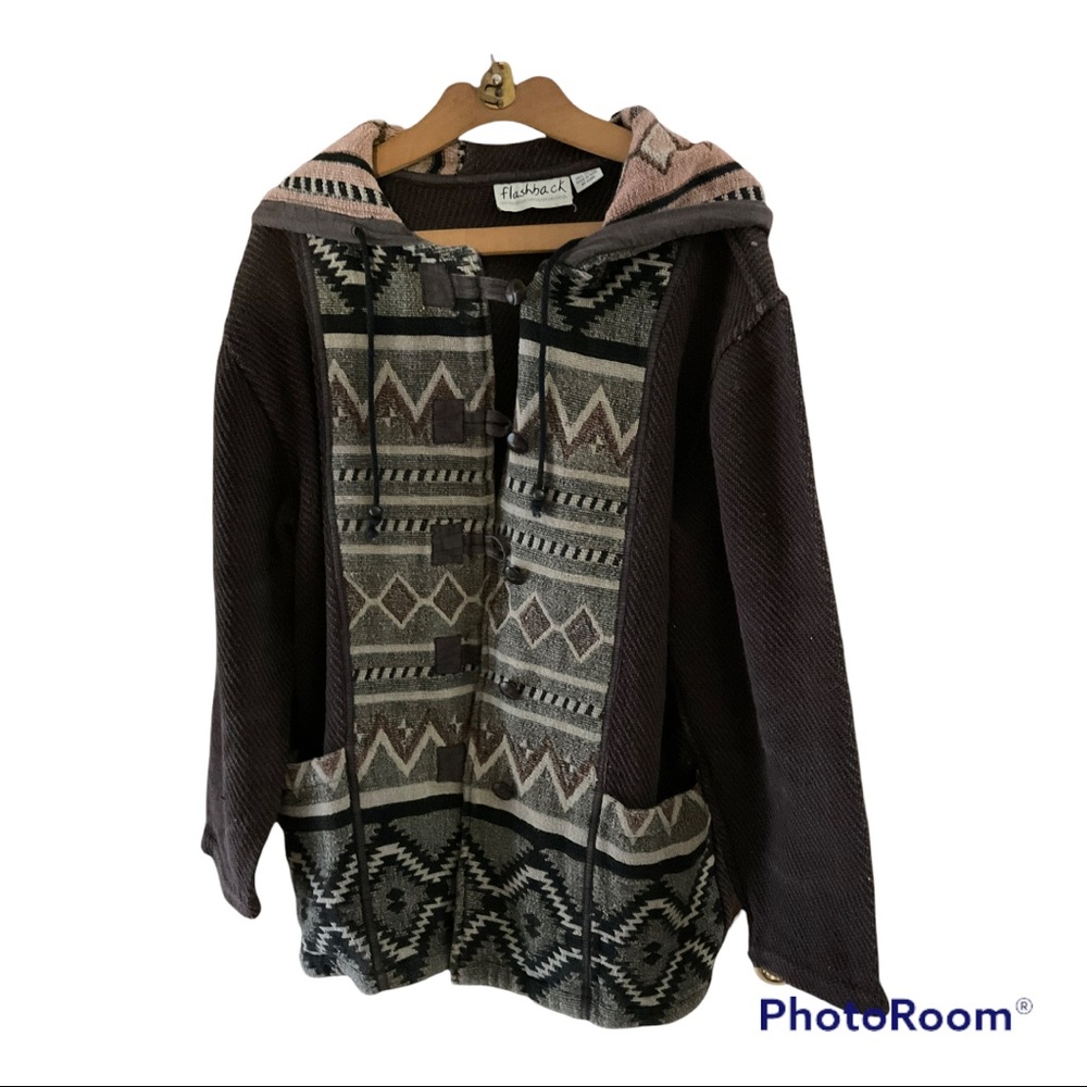 VTG Flashback mocha tapestry coat toggle buttons with hoodie boho